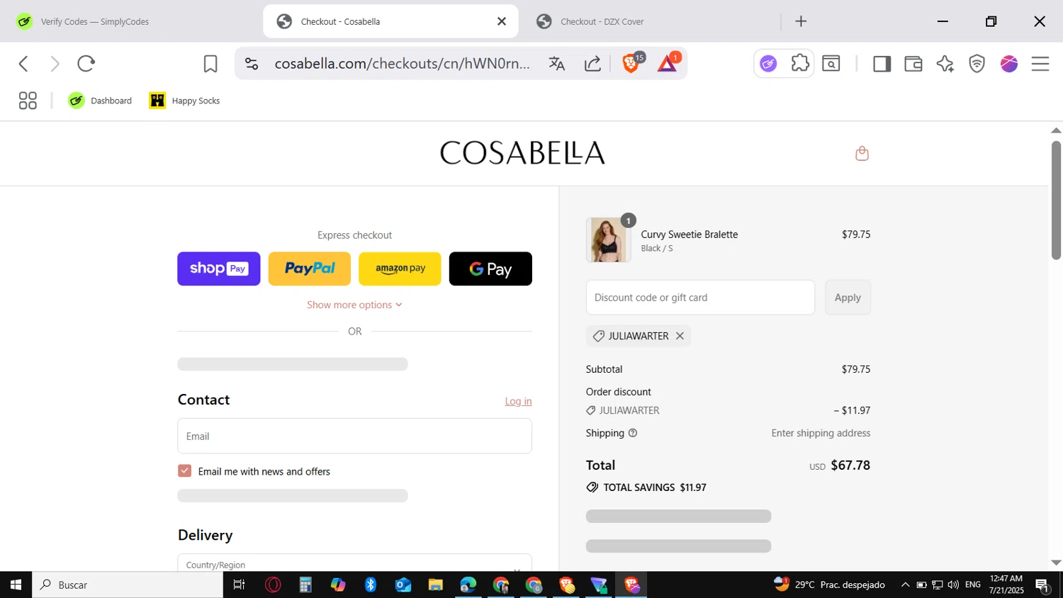 Cosabella promo code screenshot showing code JULIAWARTER applied at Cosabella checkout page. Uploaded by SimplyCodes community member SavingsVirtuoso1883 on Jul 21, 2025