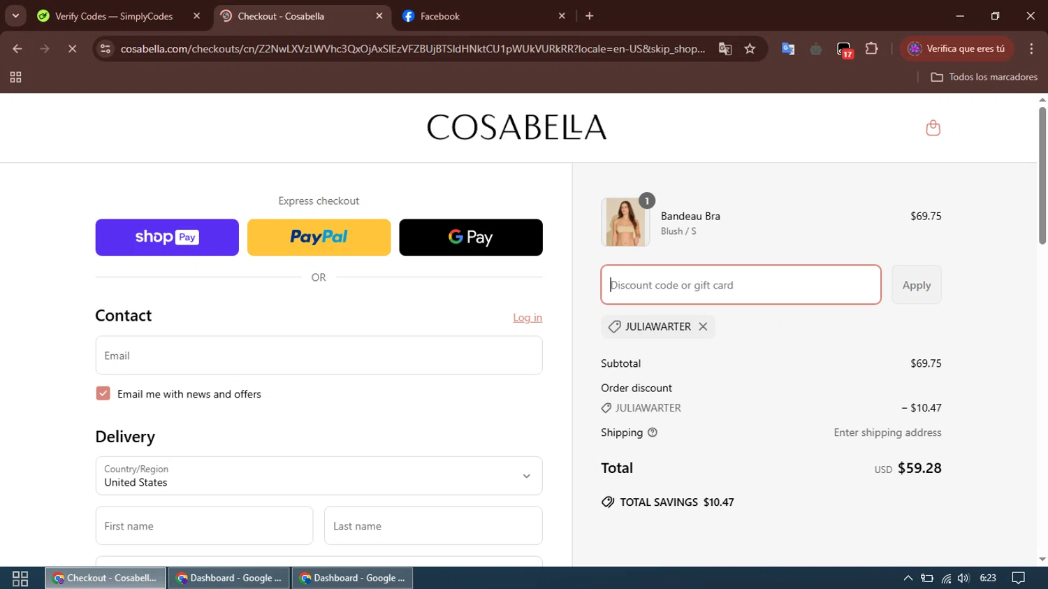 Cosabella promo code screenshot showing code JULIAWARTER applied at Cosabella checkout page. Uploaded by SimplyCodes community member LuckyFalcon7333 on Mar 24, 2025