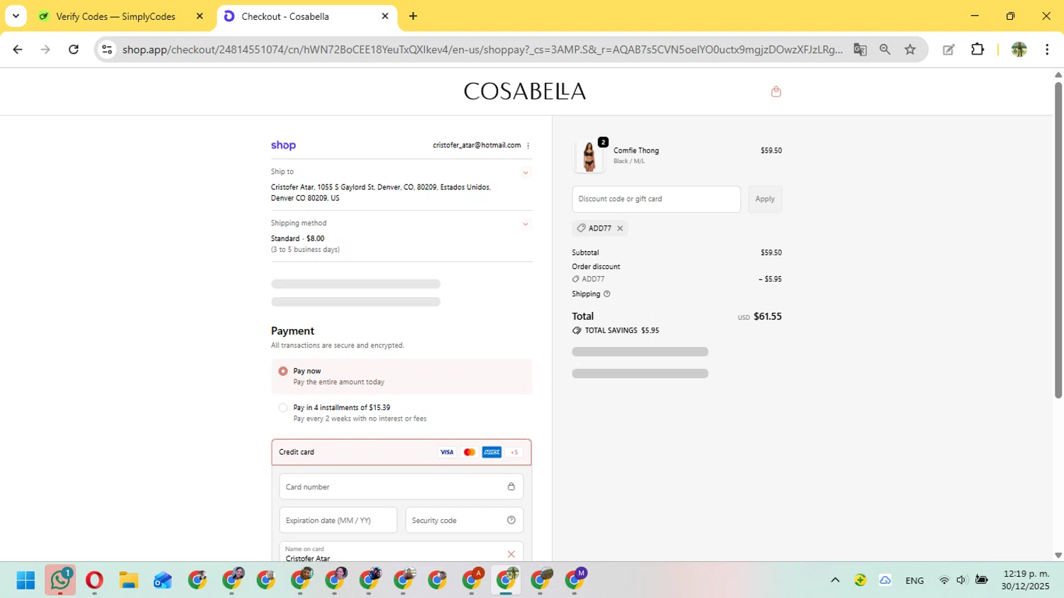 Cosabella checkout page showing Cosabella promo code box | Screenshot taken by SimplyCodes community member on Dec 30, 2025