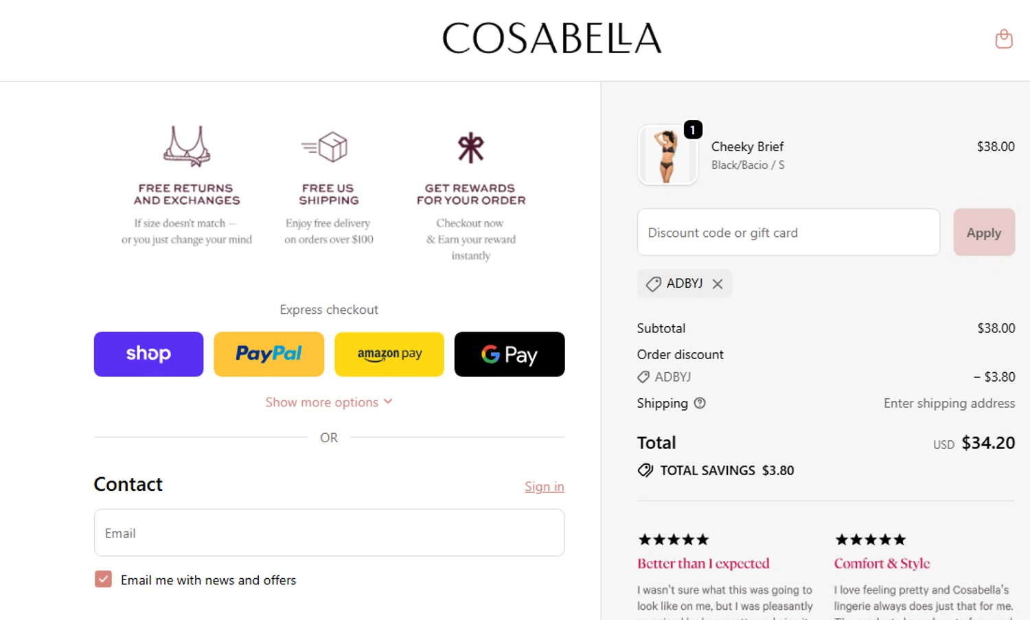 Cosabella promo code screenshot showing code ADBYJ applied at Cosabella checkout page. Uploaded by SimplyCodes community member SaleScout7223 on Jan 3, 2026