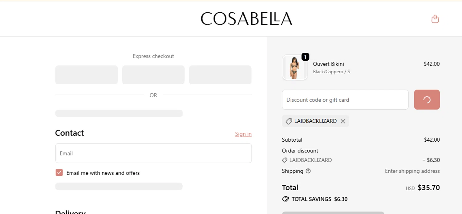 Cosabella promo code screenshot showing code LAIDBACKLIZARD applied at Cosabella checkout page. Uploaded by SimplyCodes community member DealAce7643 on Nov 4, 2025