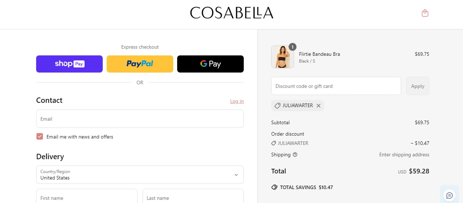 Cosabella promo code screenshot showing code JULIAWARTER applied at Cosabella checkout page. Uploaded by SimplyCodes community member shark12 on Mar 15, 2025