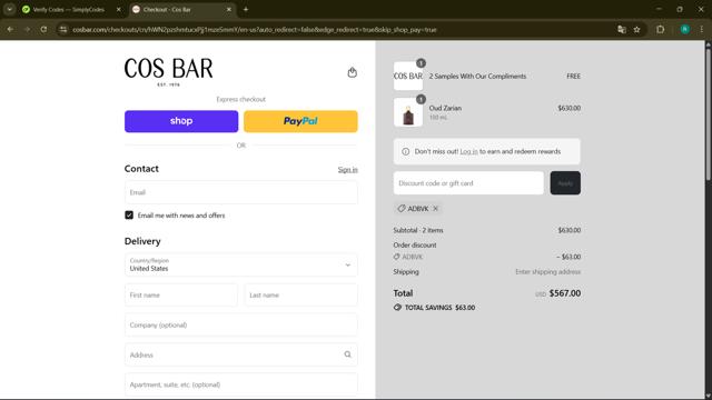Cos Bar checkout page showing Cos Bar discount code box | Screenshot taken by SimplyCodes community member on Sep 11, 2025