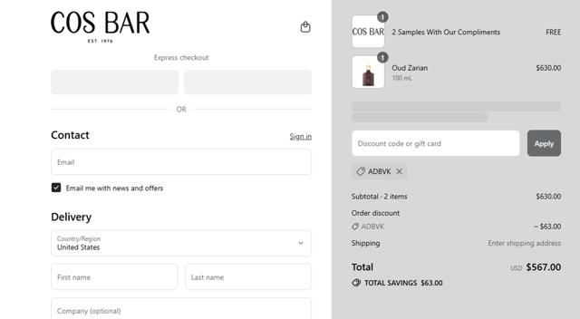 Cos Bar checkout page showing Cos Bar discount code box | Screenshot taken by SimplyCodes community member on Sep 11, 2025
