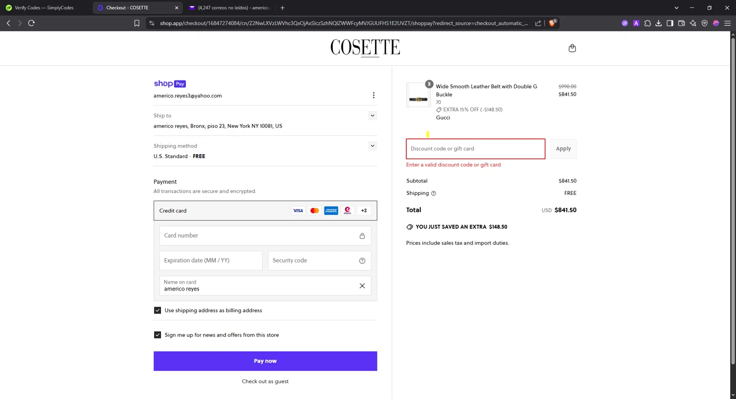 Cosette discount code screenshot showing code 2GET5 applied at Cosette checkout page. Uploaded by SimplyCodes community member Angel14 on May 25, 2025