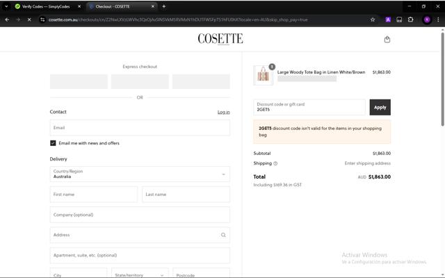 Cosette checkout page showing Cosette discount code box | Screenshot taken by SimplyCodes community member on Apr 26, 2025