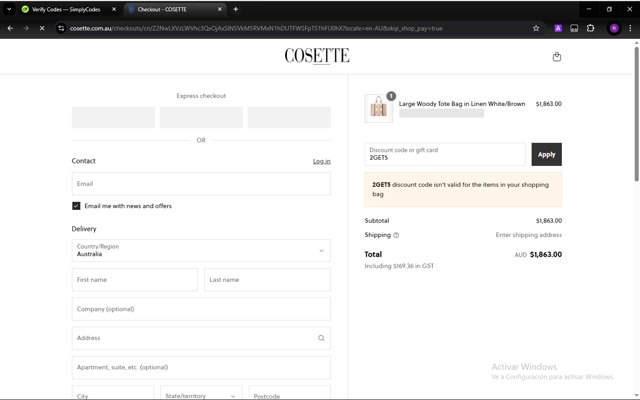 Cosette checkout page showing Cosette discount code box | Screenshot taken by SimplyCodes community member on Apr 26, 2025
