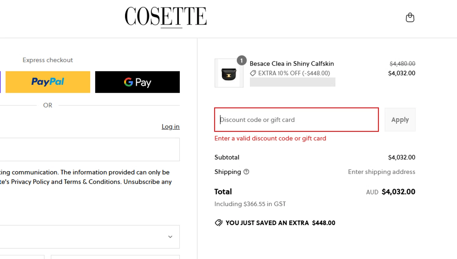 Cosette discount code screenshot showing code 2GET5 applied at Cosette checkout page. Uploaded by SimplyCodes community member CRYSTALSUICINE on May 25, 2025