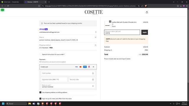Cosette checkout page showing Cosette discount code box | Screenshot taken by SimplyCodes community member on Mar 24, 2025