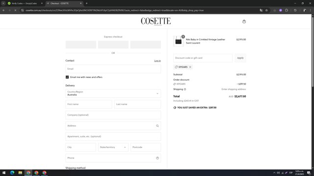 Cosette checkout page showing Cosette discount code box | Screenshot taken by SimplyCodes community member on Apr 21, 2025