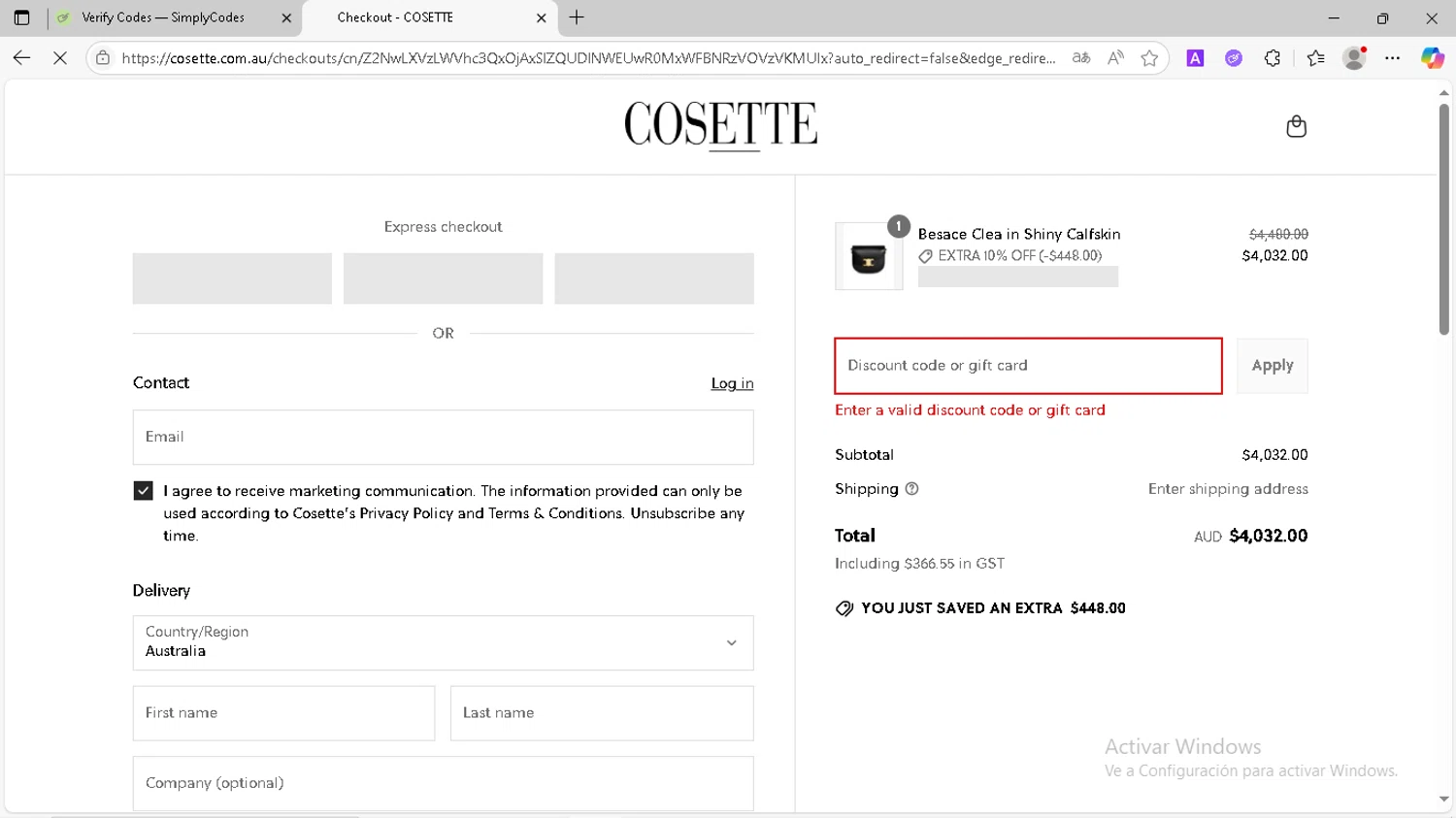 Cosette discount code screenshot showing code 10YEARS applied at Cosette checkout page. Uploaded by SimplyCodes community member Santiagotremont on May 20, 2025