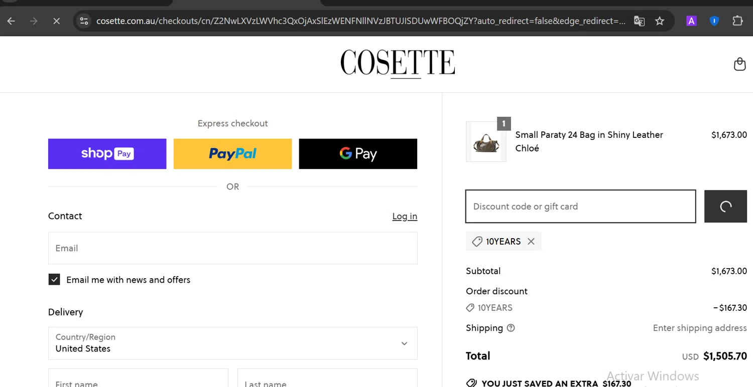 Cosette discount code screenshot showing code 10YEARS applied at Cosette checkout page. Uploaded by SimplyCodes community member CoinOwl5103 on Mar 24, 2025