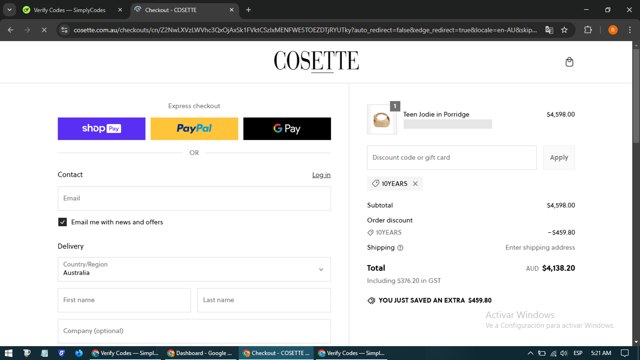 Cosette checkout page showing Cosette discount code box | Screenshot taken by SimplyCodes community member on Feb 19, 2025