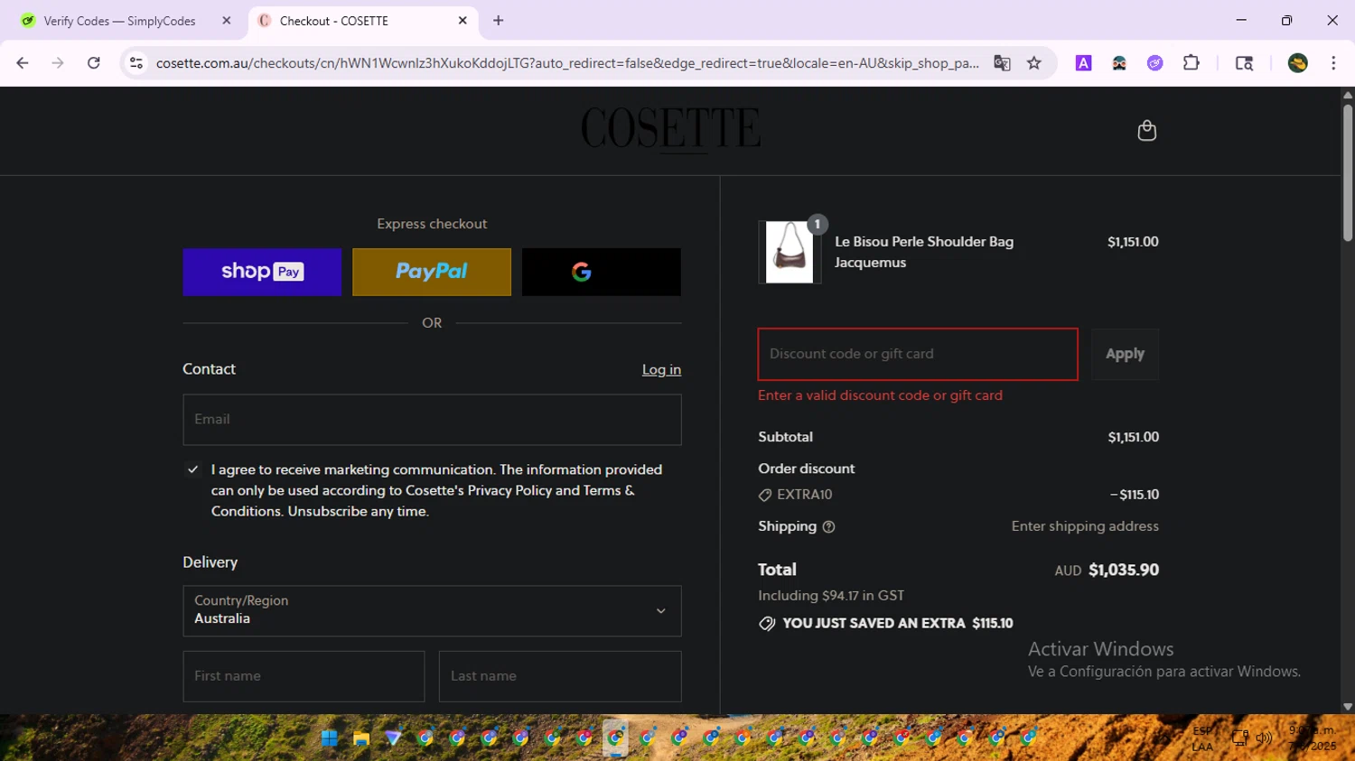 Cosette discount code screenshot showing code EXTRA250 applied at Cosette checkout page. Uploaded by SimplyCodes community member RewardNavigator9728 on Aug 7, 2025