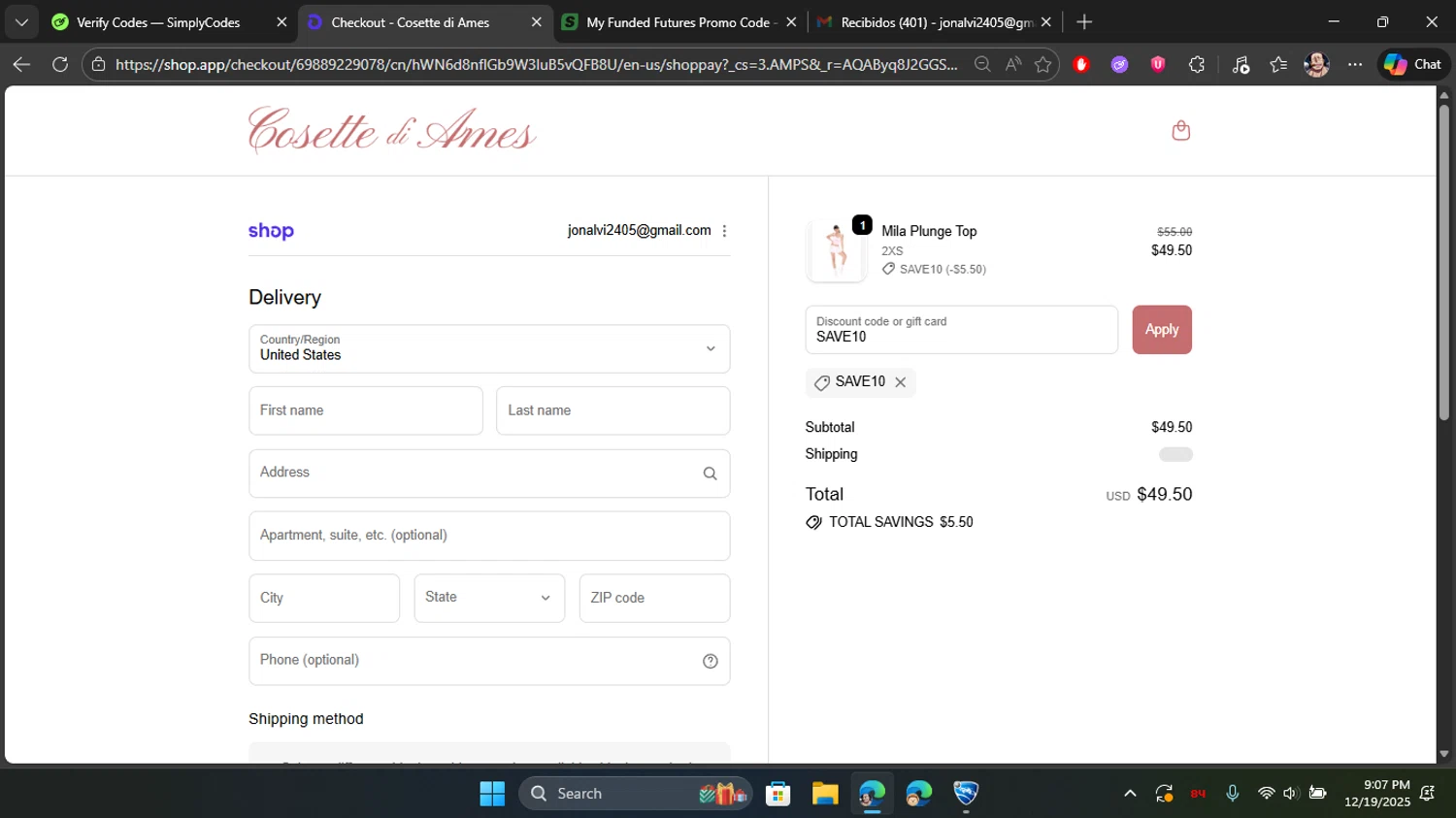 Cosette di Ames promo code screenshot showing code SAVE10 applied at Cosette di Ames checkout page. Uploaded by SimplyCodes community member Blackleg_Sanji on Dec 20, 2025