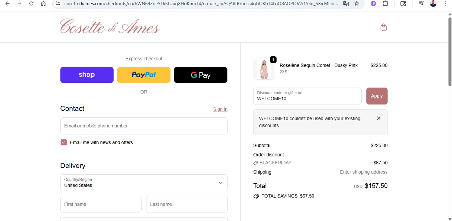 Cosette di Ames promo code screenshot showing code WELCOME10 applied at Cosette di Ames checkout page. Uploaded by SimplyCodes community member joseg151520 on Dec 7, 2025