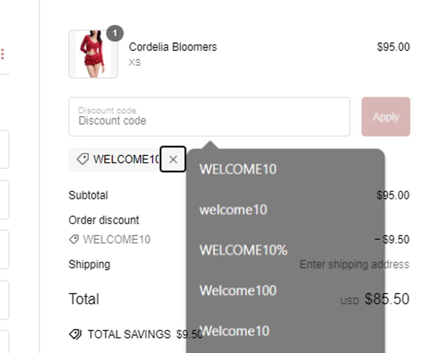 Cosette di Ames promo code screenshot showing code WELCOME10 applied at Cosette di Ames checkout page. Uploaded by SimplyCodes community member Sova_Valorant on Feb 21, 2025