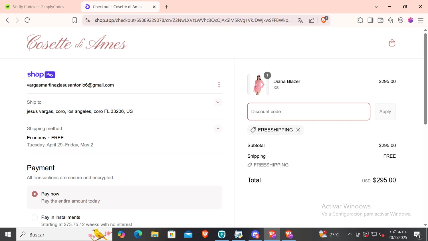 Cosette di Ames promo code screenshot showing code FREESHIPPING applied at Cosette di Ames checkout page. Uploaded by SimplyCodes community member CODMOBILE1 on Apr 20, 2025
