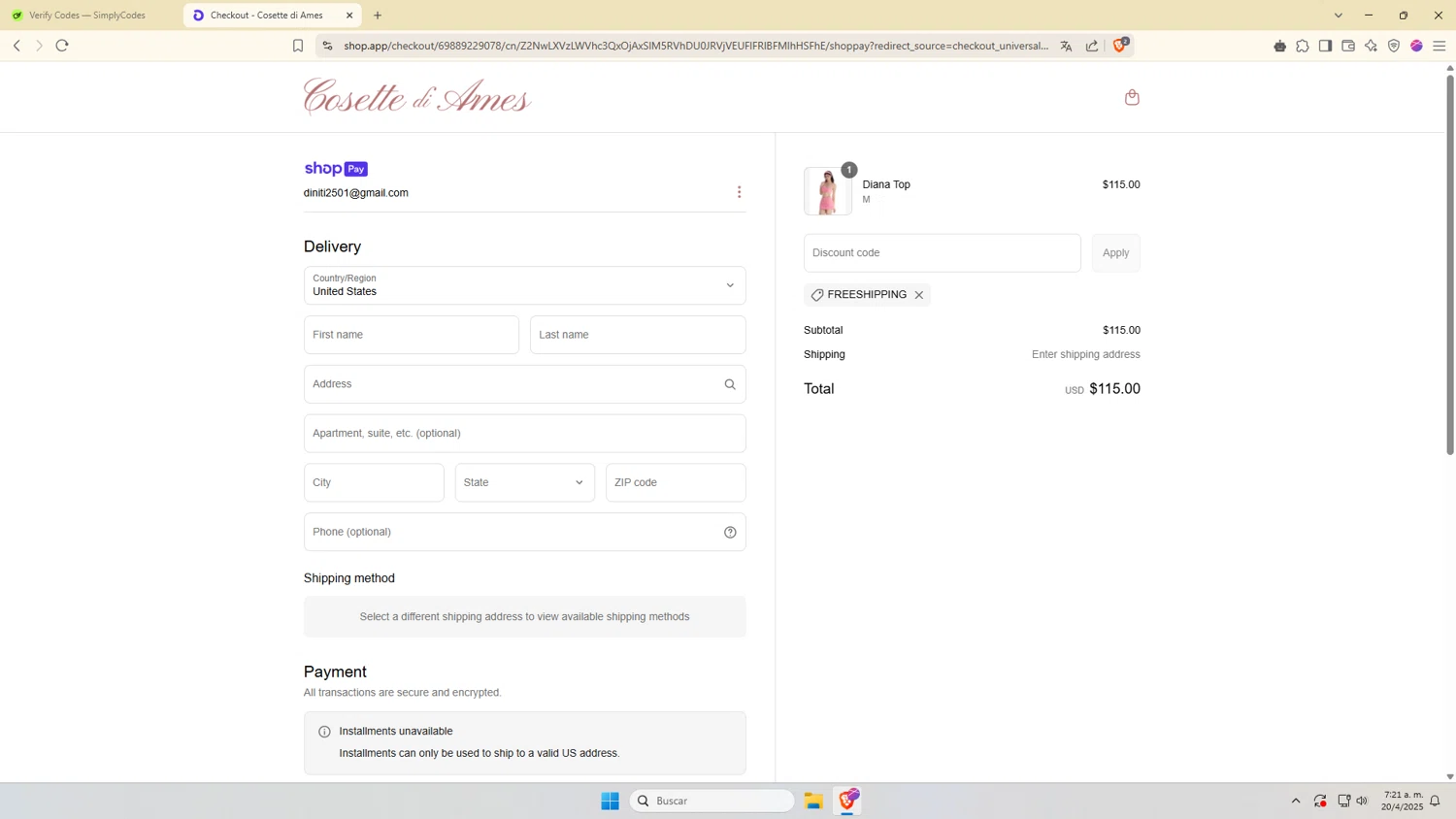 Cosette di Ames promo code screenshot showing code FREESHIPPING applied at Cosette di Ames checkout page. Uploaded by SimplyCodes community member VictoriousDefender7352 on Apr 20, 2025