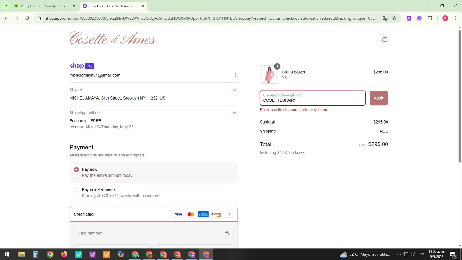Cosette di Ames promo code screenshot showing code COSETTESFAIRY applied at Cosette di Ames checkout page. Uploaded by SimplyCodes community member Junior13 on May 9, 2025