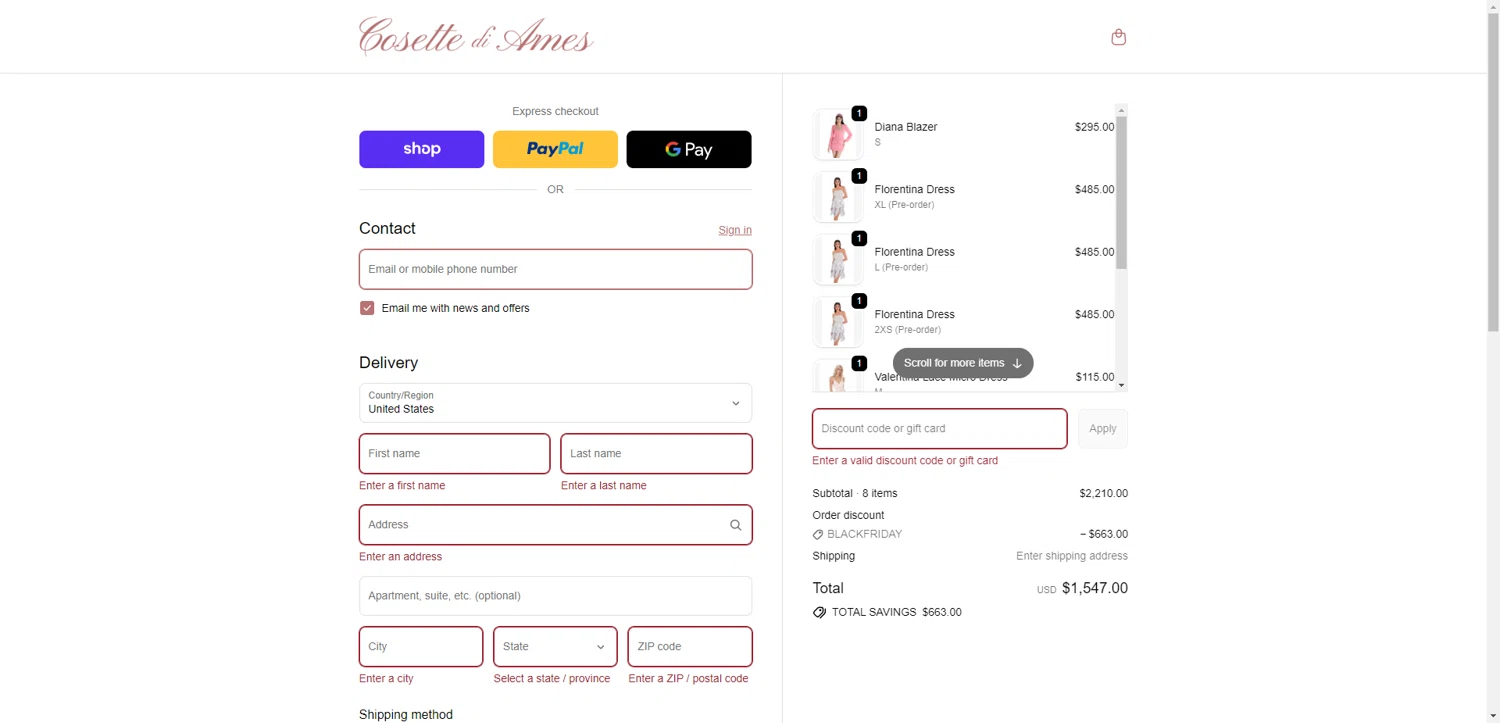 Cosette di Ames promo code screenshot showing code TENOFF applied at Cosette di Ames checkout page. Uploaded by SimplyCodes community member DiscountWarden480 on Nov 22, 2025