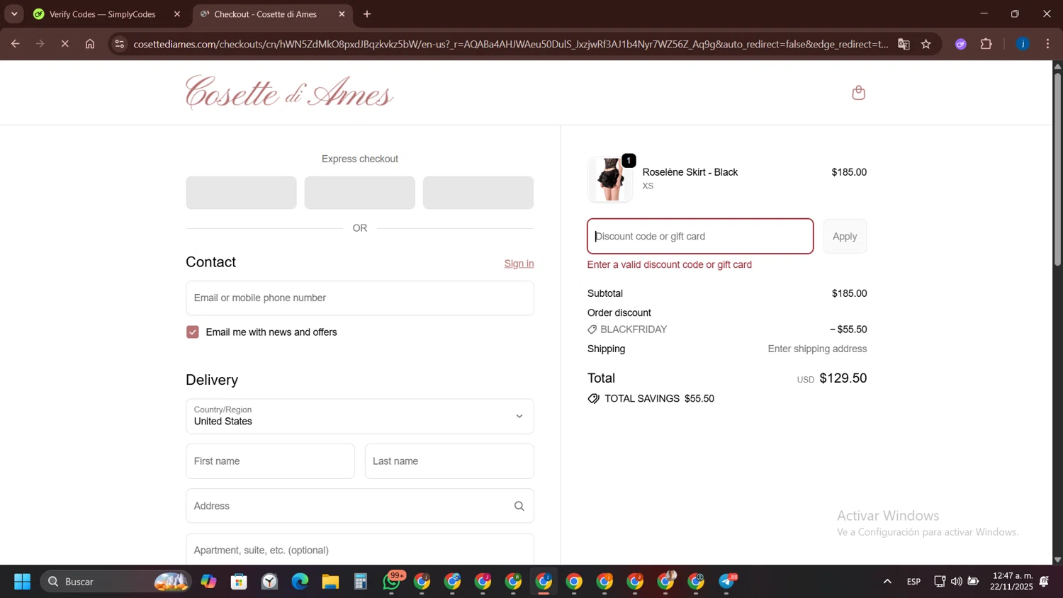 Cosette di Ames promo code screenshot showing code TENOFF applied at Cosette di Ames checkout page. Uploaded by SimplyCodes community member yameteqdasai on Nov 22, 2025