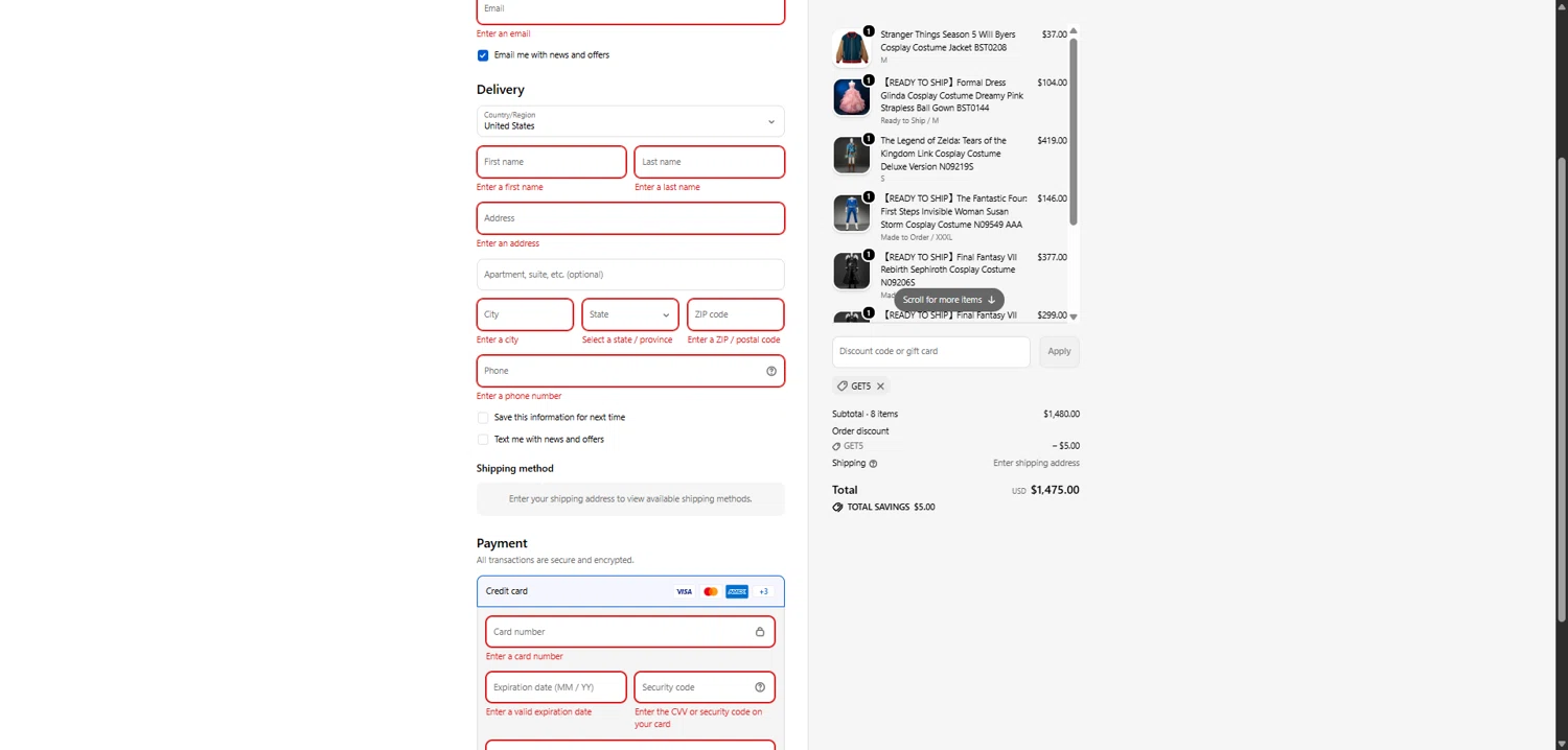 CosFun promo code screenshot showing code GET5 applied at CosFun checkout page. Uploaded by SimplyCodes community member EpicLegend237 on Jan 12, 2026