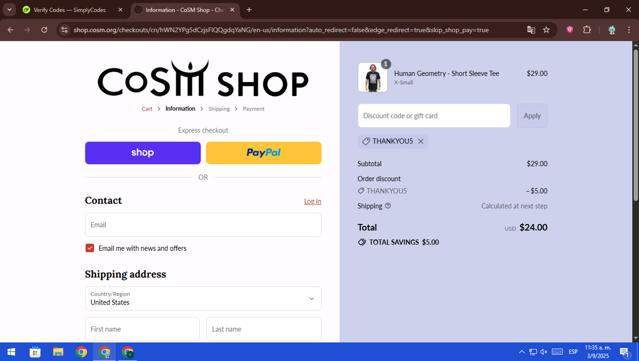 CoSM Shop checkout page showing CoSM Shop discount code box | Screenshot taken by SimplyCodes community member on Sep 3, 2025