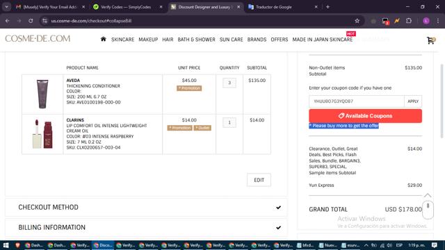 Cosme-De.com checkout page showing Cosme-De.com promo code box | Screenshot taken by SimplyCodes community member on Feb 14, 2025
