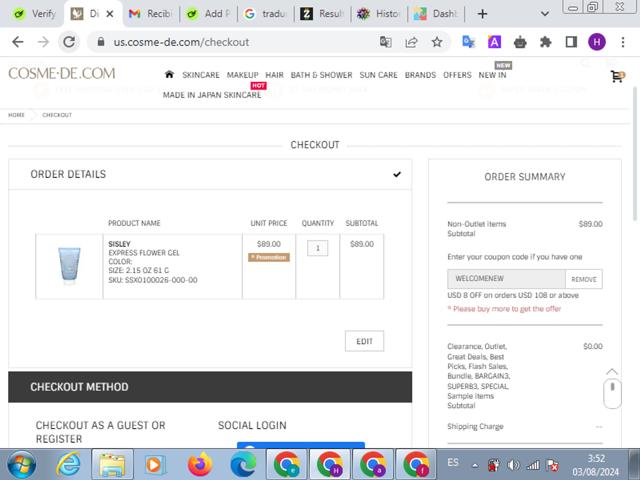 Cosme-De.com checkout page showing Cosme-De.com promo code box | Screenshot taken by SimplyCodes community member on Aug 3, 2024