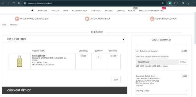 Cosme-De.com checkout page showing Cosme-De.com promo code box | Screenshot taken by SimplyCodes community member on Oct 9, 2024