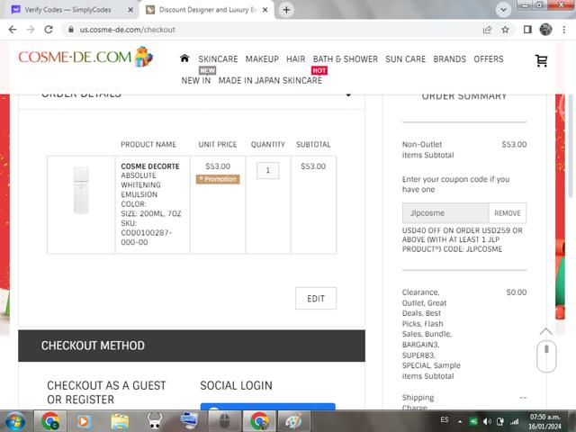 Cosme-De.com checkout page showing Cosme-De.com promo code box | Screenshot taken by SimplyCodes community member on Jan 16, 2024