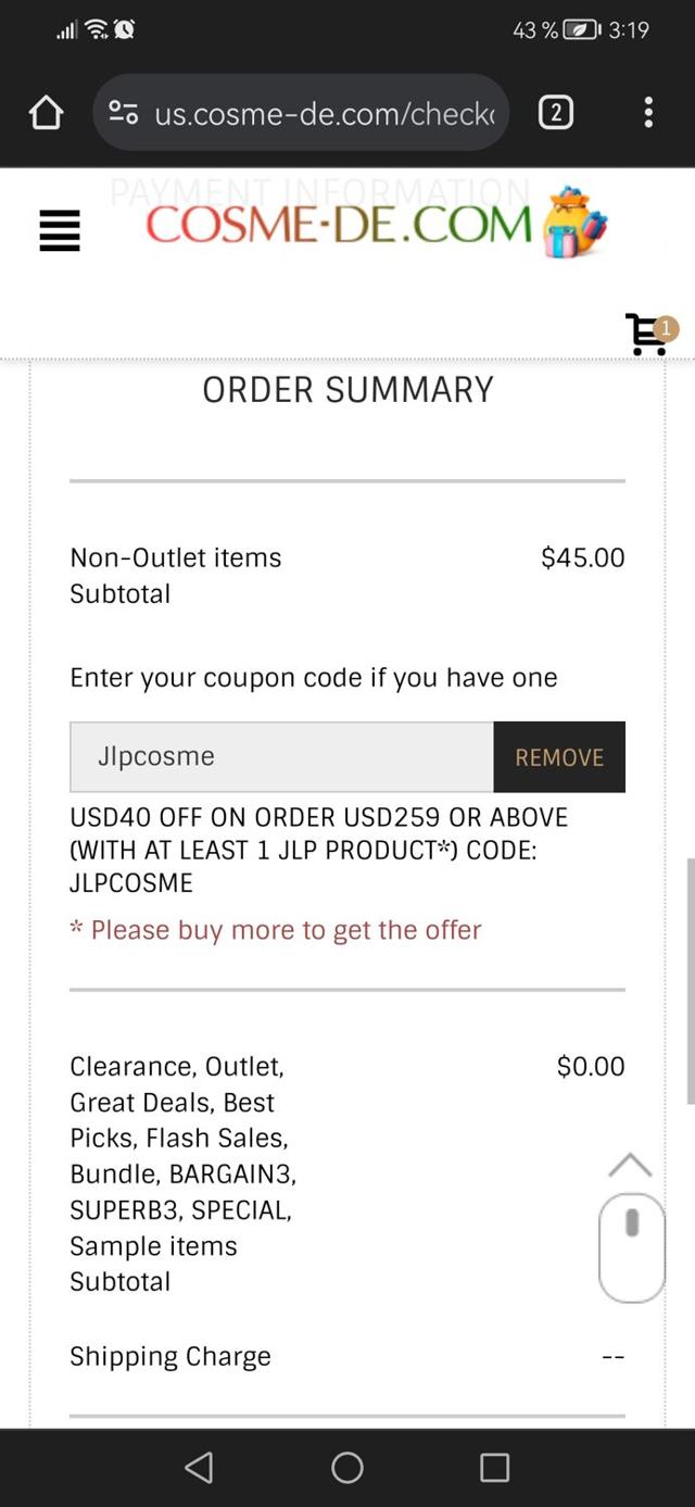 Cosme-De.com checkout page showing Cosme-De.com promo code box | Screenshot taken by SimplyCodes community member on Dec 17, 2023