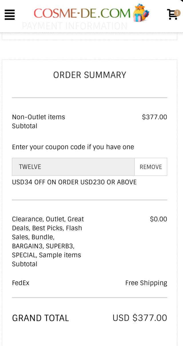 Cosme-De.com checkout page showing Cosme-De.com promo code box | Screenshot taken by SimplyCodes community member on Dec 12, 2023