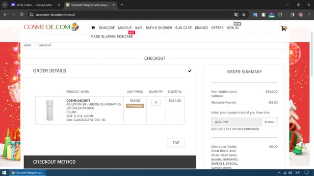 Cosme-De.com checkout page showing Cosme-De.com promo code box | Screenshot taken by SimplyCodes community member on Jan 11, 2024