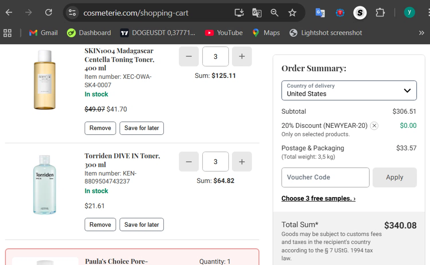 Cosmeterie discount code screenshot showing code NEWYEAR-20 applied at Cosmeterie checkout page. Uploaded by SimplyCodes community member 502312 on Dec 25, 2025