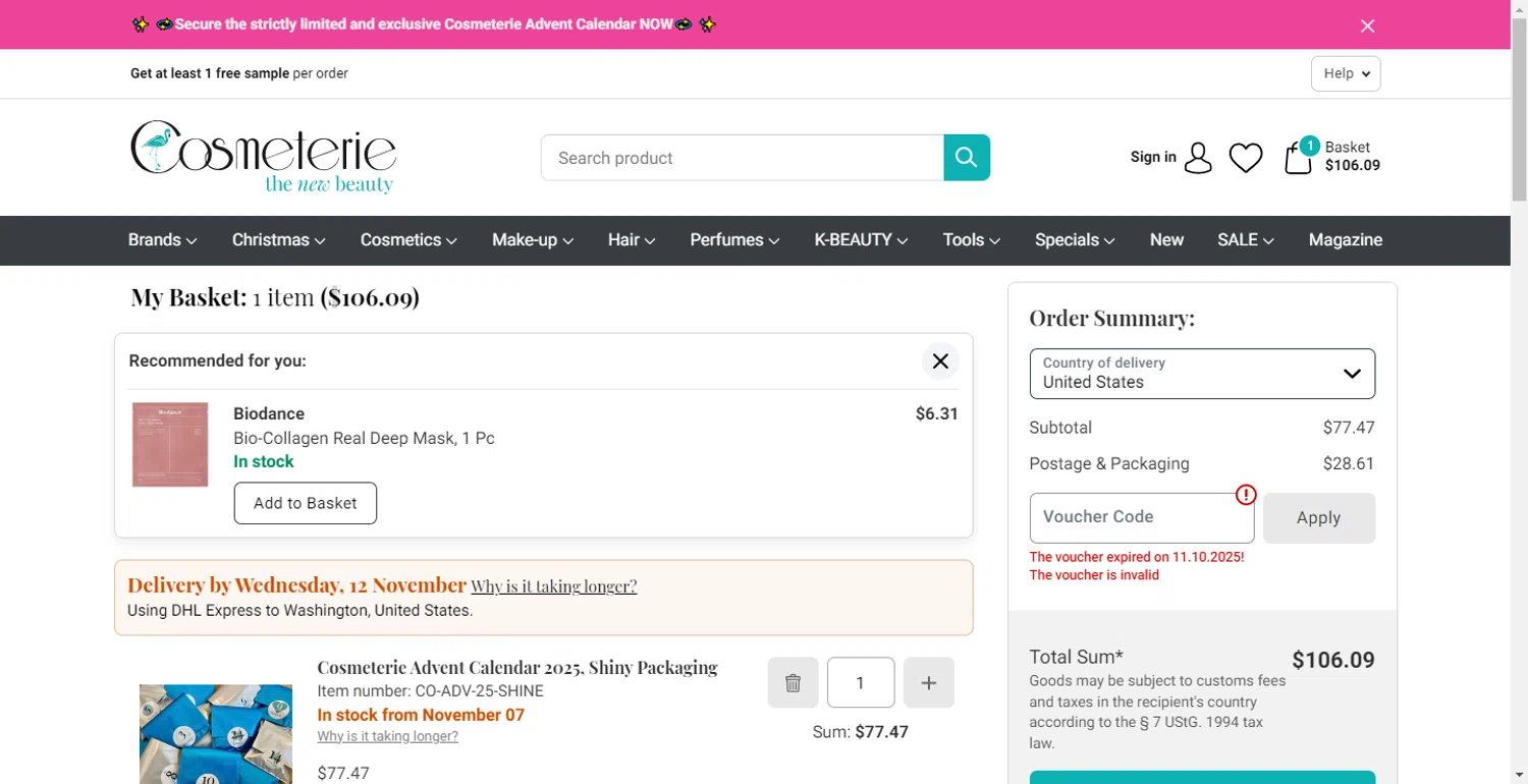 Cosmeterie discount code screenshot showing code EARLY-15 applied at Cosmeterie checkout page. Uploaded by SimplyCodes community member BonusFox1297 on Oct 30, 2025