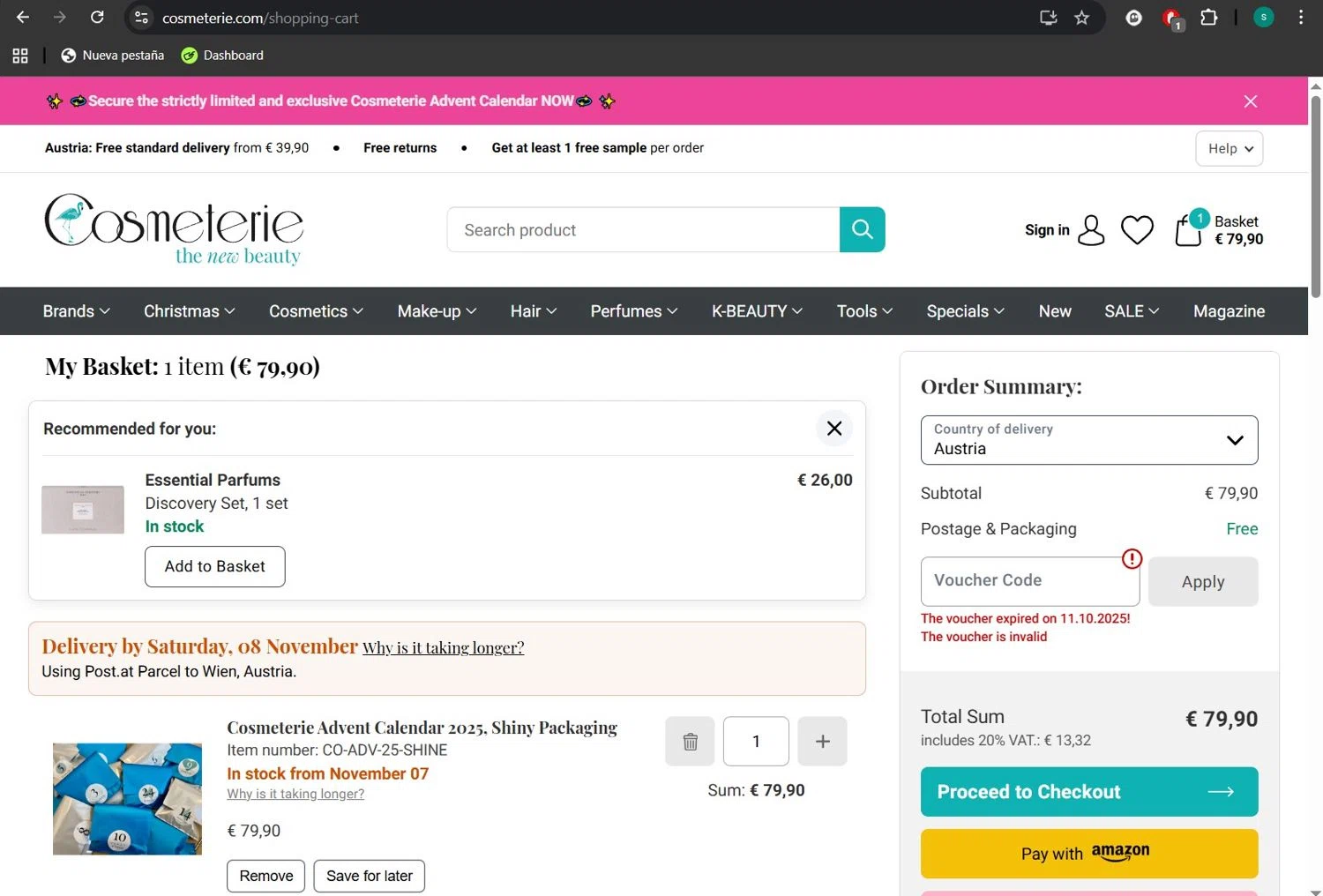 Cosmeterie discount code screenshot showing code EARLY-15 applied at Cosmeterie checkout page. Uploaded by SimplyCodes community member lizimerz on Oct 30, 2025