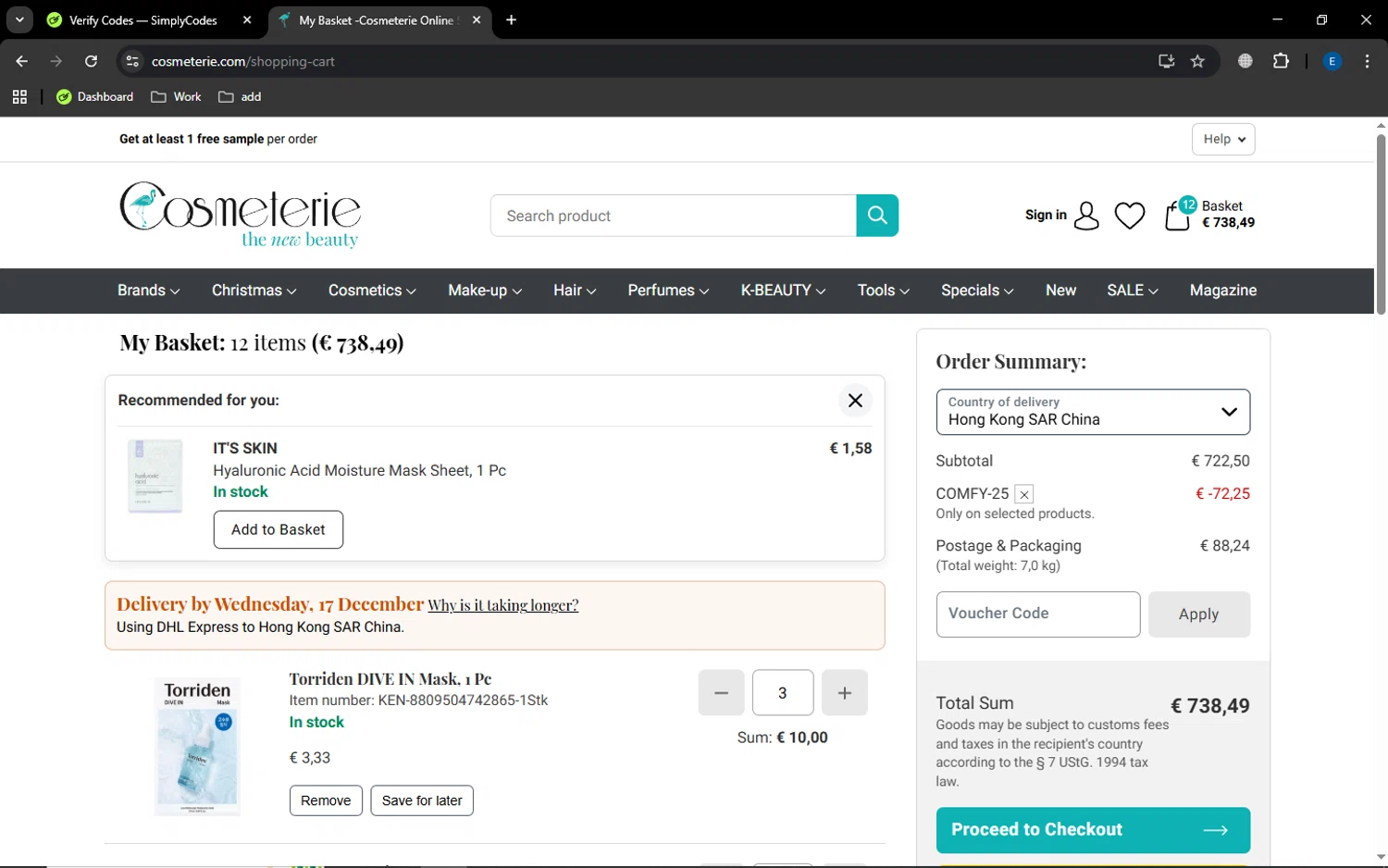 Cosmeterie discount code screenshot showing code COMFY-25 applied at Cosmeterie checkout page. Uploaded by SimplyCodes community member GoldSaver5472 on Nov 2, 2025