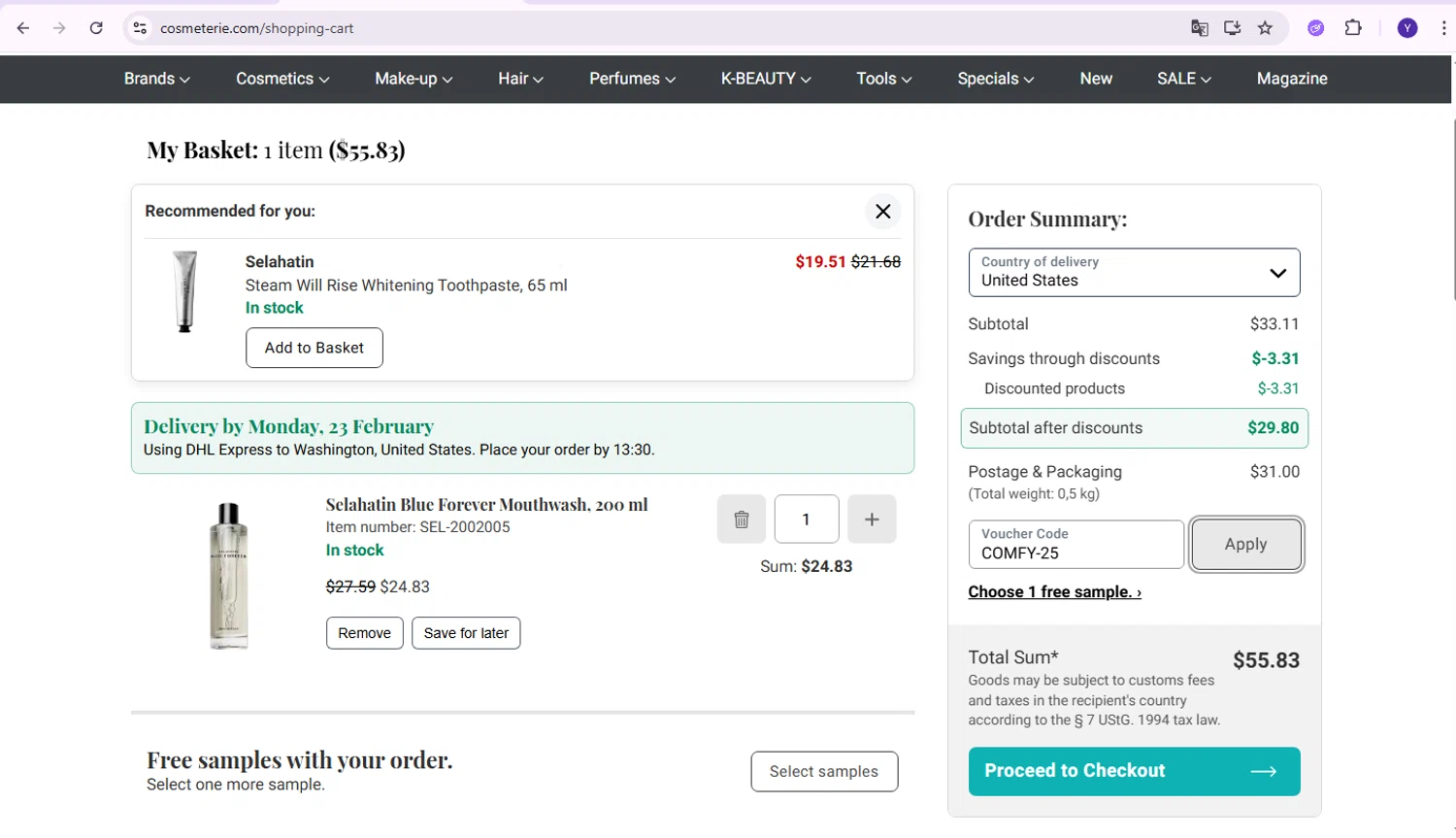 Cosmeterie discount code screenshot showing code COMFY-25 applied at Cosmeterie checkout page. Uploaded by SimplyCodes community member Yabriel007 on Feb 18, 2026