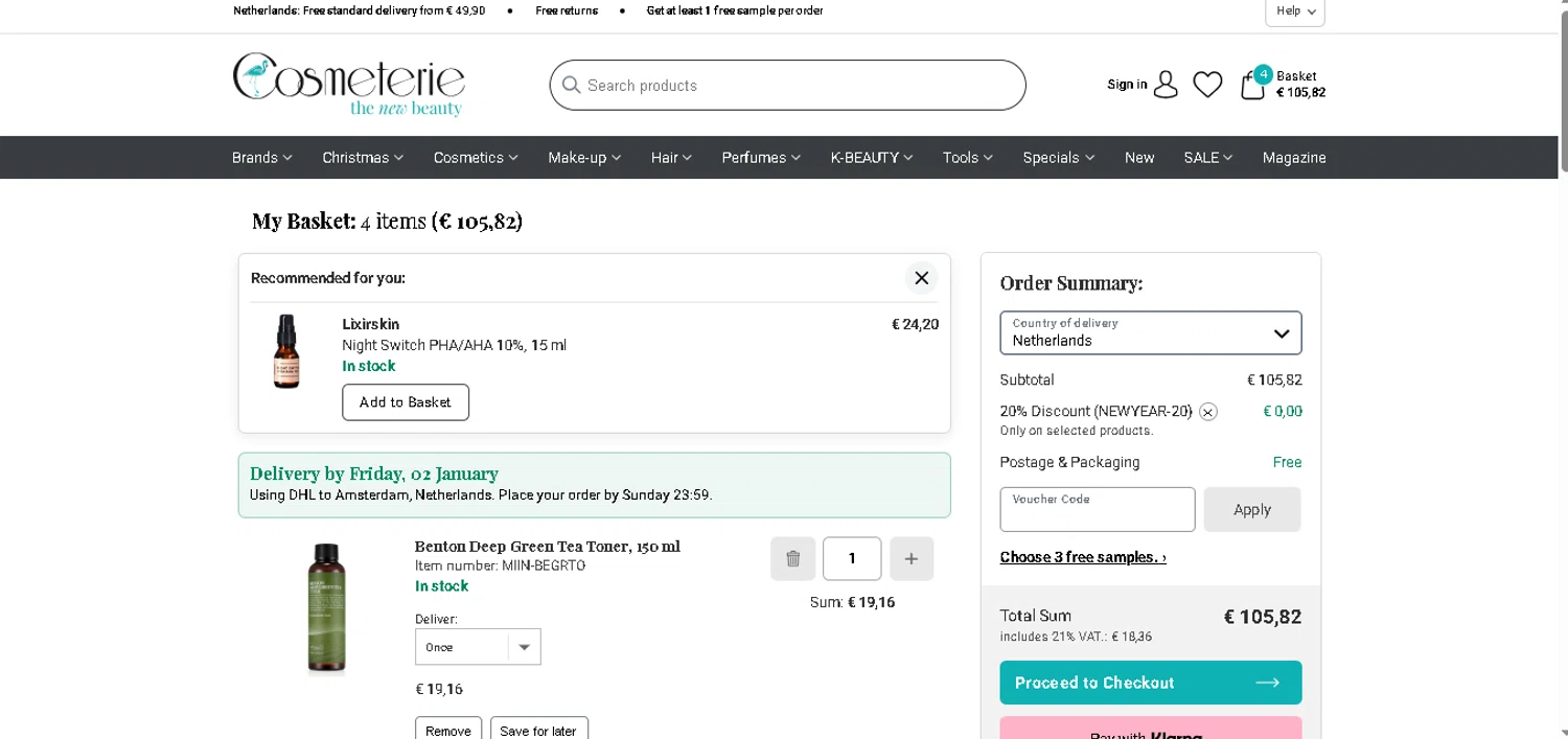 Cosmeterie discount code screenshot showing code NEWYEAR-20 applied at Cosmeterie checkout page. Uploaded by SimplyCodes community member CodeExpert7814 on Dec 25, 2025
