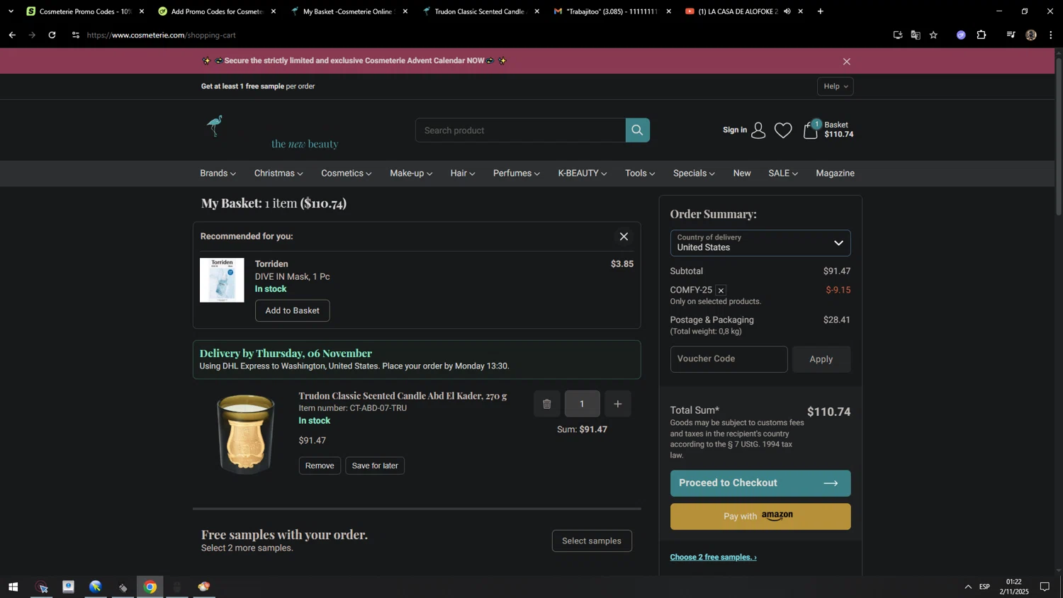 Cosmeterie discount code screenshot showing code COMFY-25 applied at Cosmeterie checkout page. Uploaded by SimplyCodes community member MarcosAranguren on Nov 2, 2025