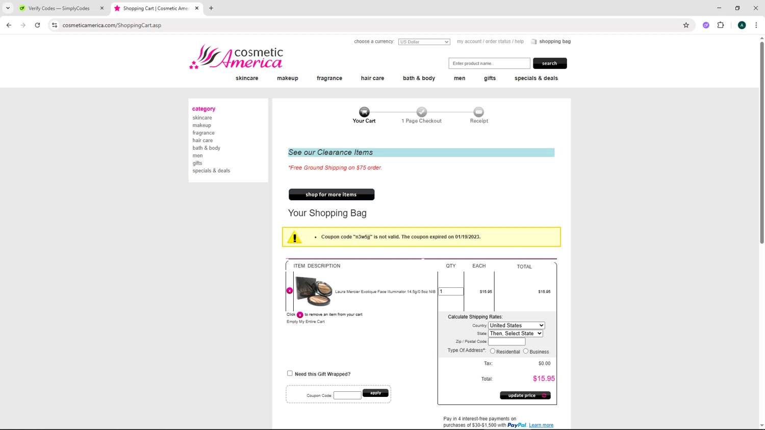 Cosmetic America promo code screenshot showing code N3W5JJ applied at Cosmetic America checkout page. Uploaded by SimplyCodes community member HAOJIN on Sep 17, 2025