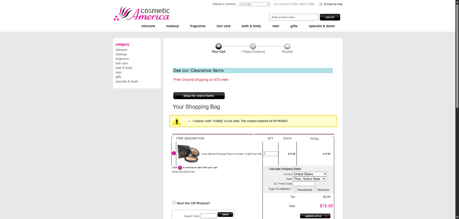 Cosmetic America promo code screenshot showing code N3W5JJ applied at Cosmetic America checkout page. Uploaded by SimplyCodes community member VictoriousBoss8742 on Sep 17, 2025