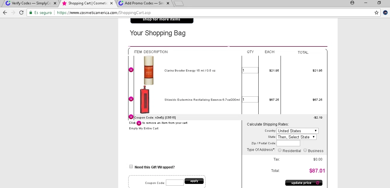 Cosmetic America checkout page showing Cosmetic America promo code box | Screenshot taken by SimplyCodes community member on Nov 17, 2021