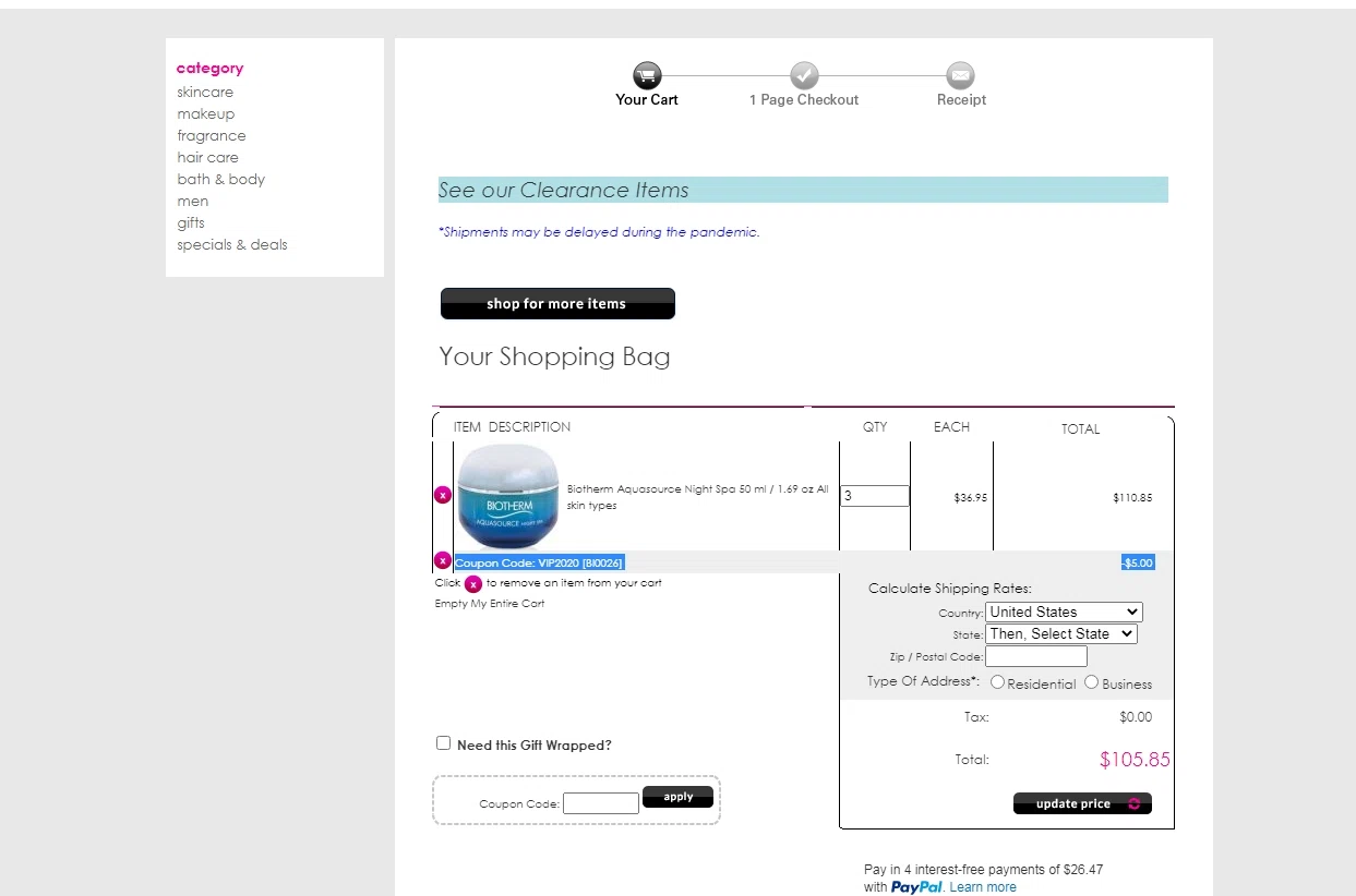 Cosmetic America checkout page showing Cosmetic America promo code box | Screenshot taken by SimplyCodes community member on Aug 10, 2022