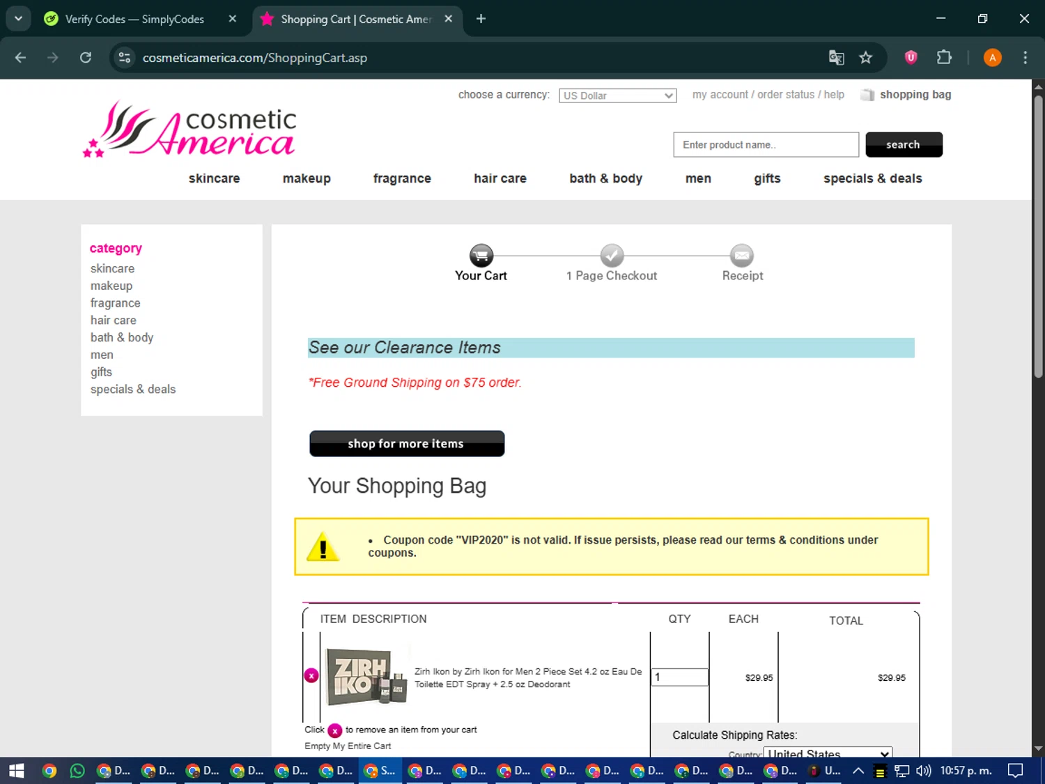 Cosmetic America promo code screenshot showing code VIP2020 applied at Cosmetic America checkout page. Uploaded by SimplyCodes community member MoneyPhoenix4664 on Sep 18, 2025
