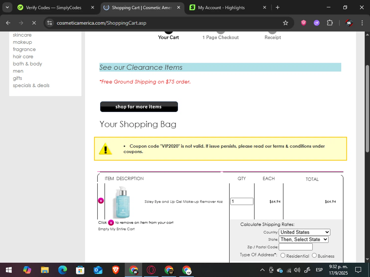 Cosmetic America promo code screenshot showing code VIP2020 applied at Cosmetic America checkout page. Uploaded by SimplyCodes community member TreasureAdmiral6867 on Sep 18, 2025