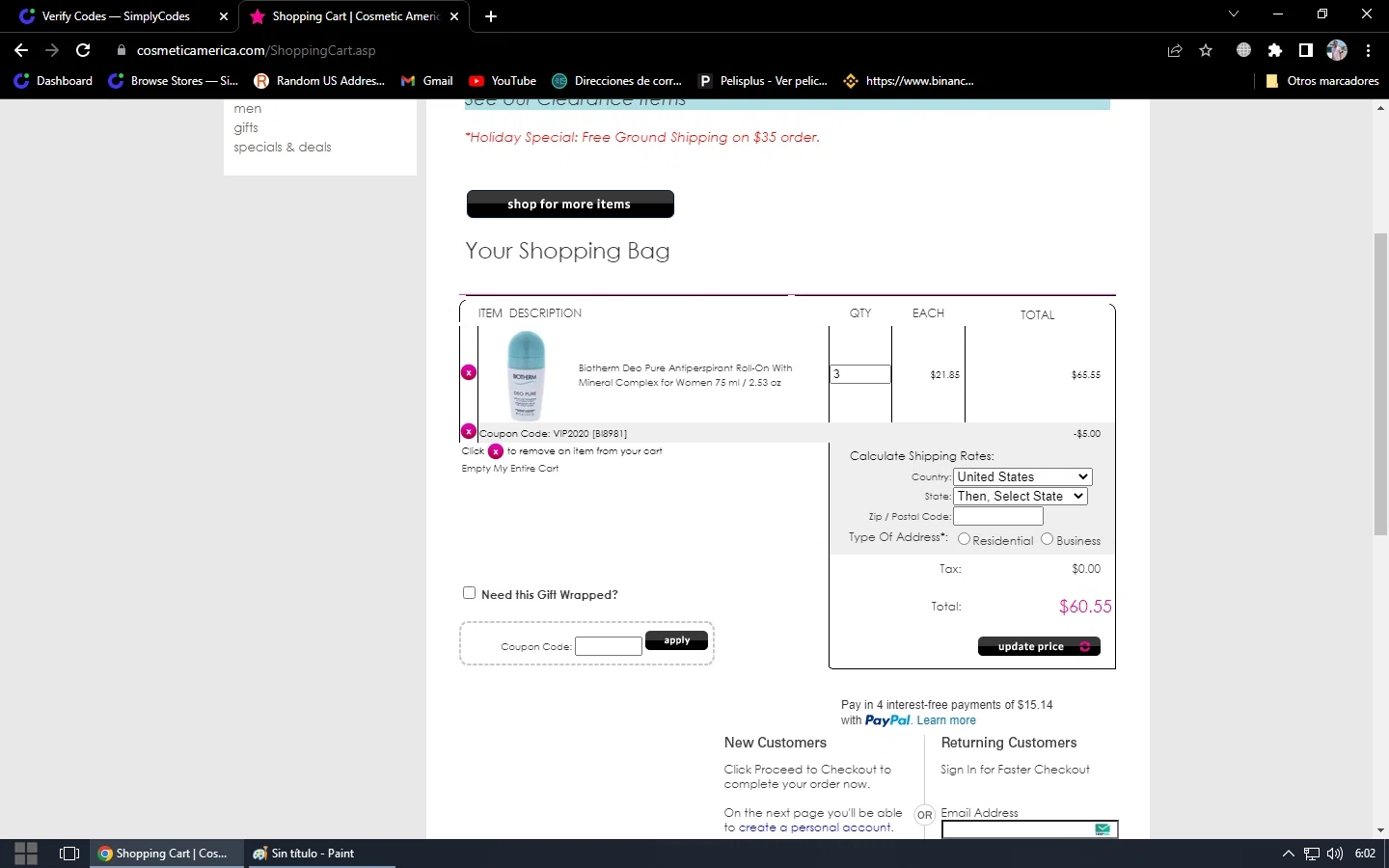 Cosmetic America checkout page showing Cosmetic America promo code box | Screenshot taken by SimplyCodes community member on Jan 6, 2023