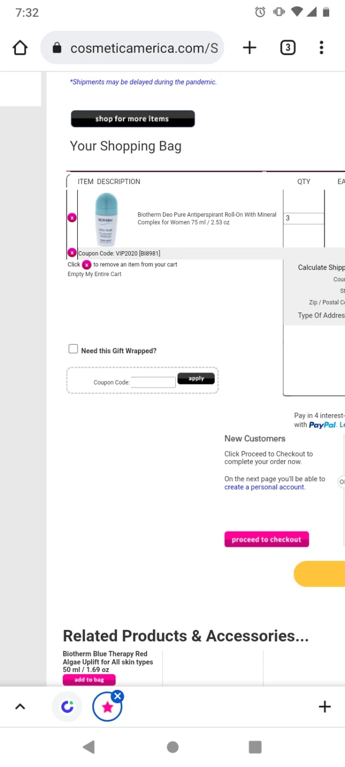 Cosmetic America checkout page showing Cosmetic America promo code box | Screenshot taken by SimplyCodes community member on Nov 9, 2022